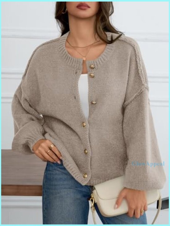 Oversized Chunky Knit Cardigan with Lantern Sleeves, Button Front, Soft - Picture 3 of 7